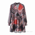 Women Printed V-neck Long Sleeve Oversize Dress